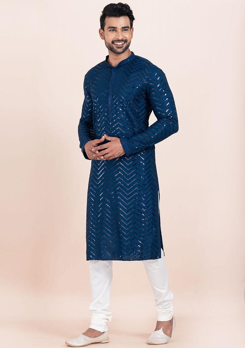 Blue Sequin Embroidered Viscose Kurta Set For Men