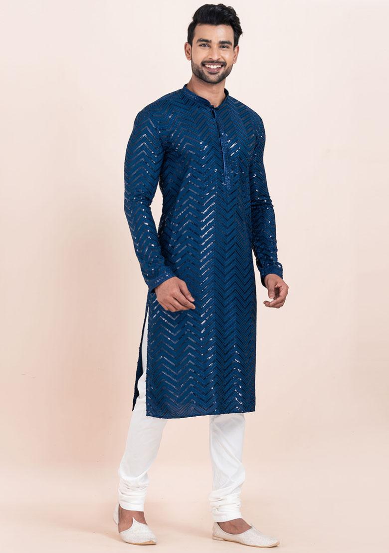 Blue Sequin Embroidered Viscose Kurta Set For Men