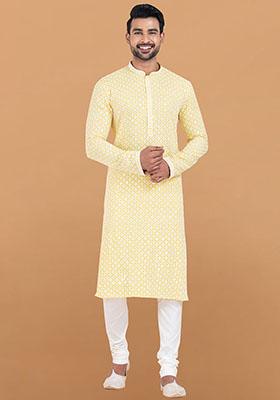Yellow Solid Rayon Kurta Set For Men