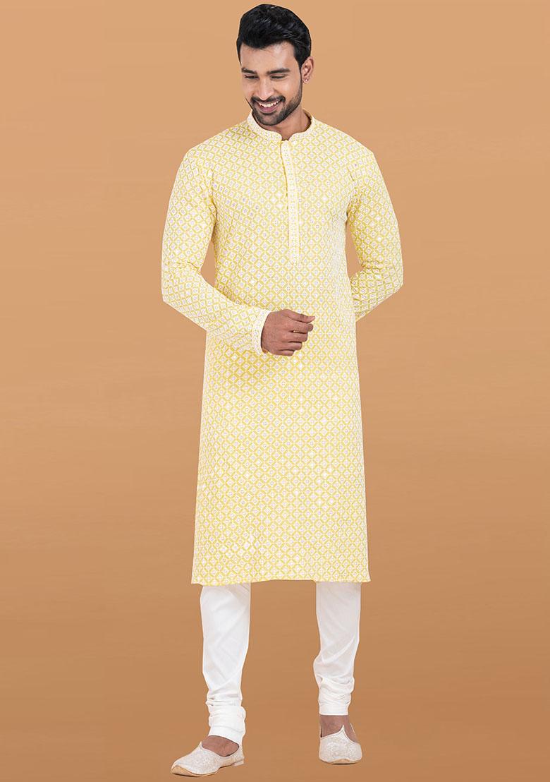 Yellow Solid Rayon Kurta Set For Men