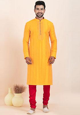 Yellow Solid Silk Kurta Set For Men