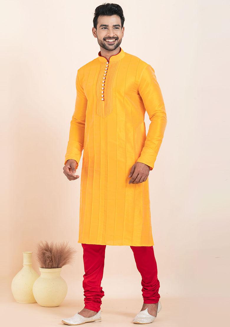 Yellow Solid Silk Kurta Set For Men