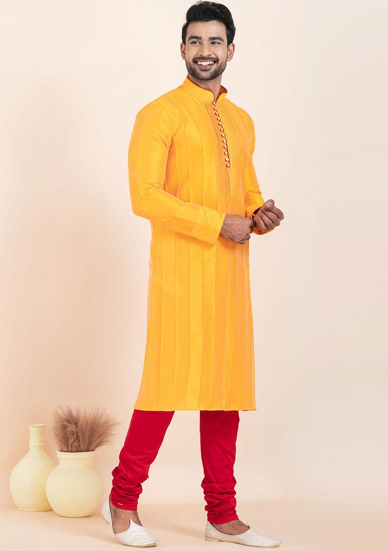 Yellow Solid Silk Kurta Set For Men