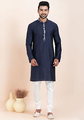 Navy Blue Solid Viscose Kurta Set For Men