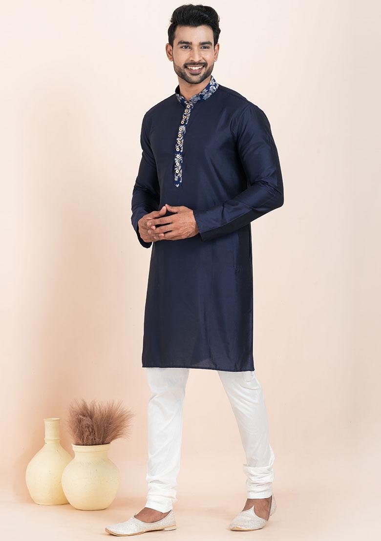 Navy Blue Solid Viscose Kurta Set For Men
