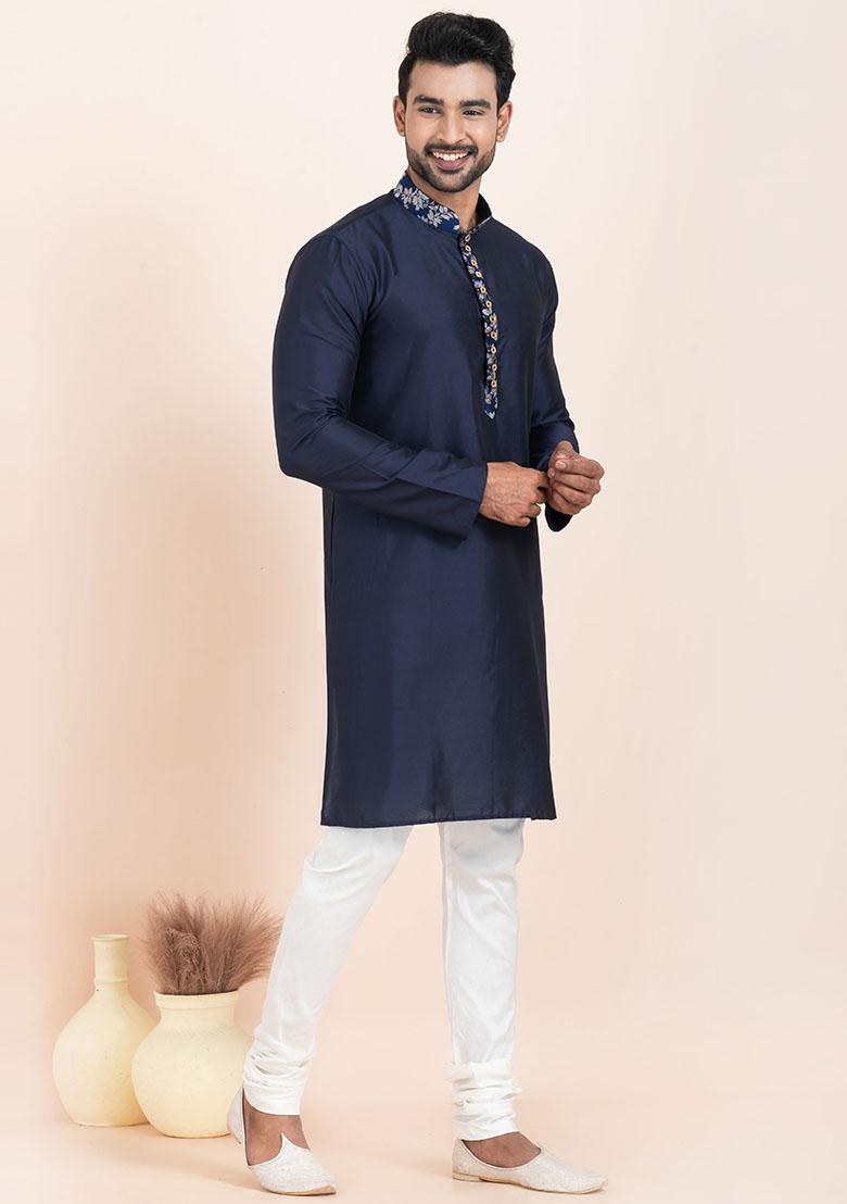 Navy Blue Solid Viscose Kurta Set For Men