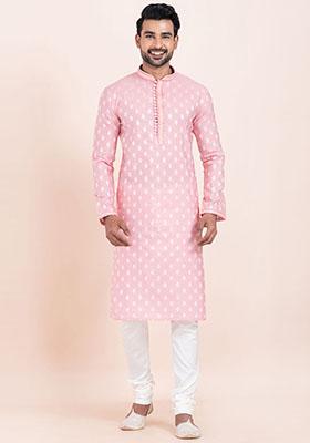 Pink Solid Cotton Kurta Set For Men
