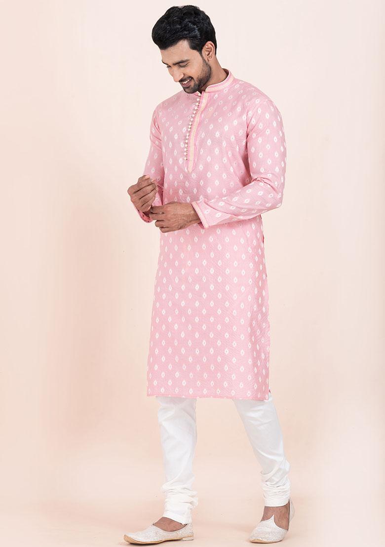 Pink Solid Cotton Kurta Set For Men
