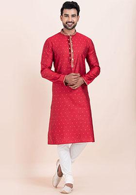 Red Solid Cotton Kurta Set For Men