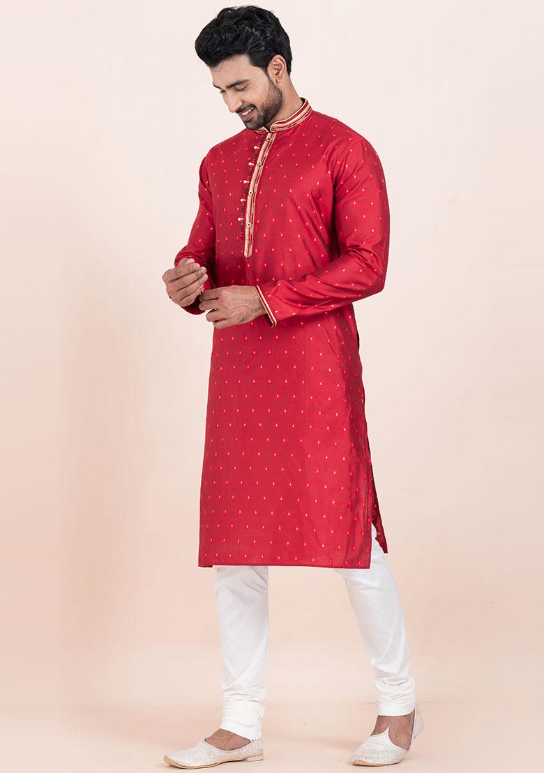 Red Solid Cotton Kurta Set For Men