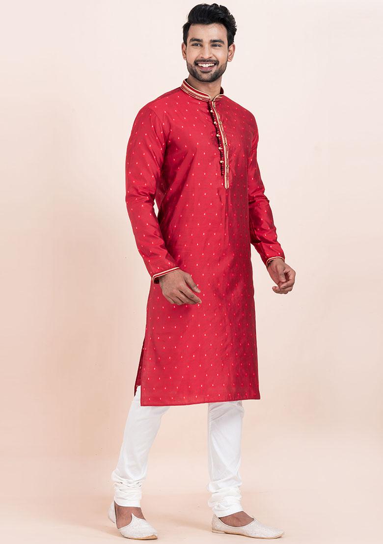Red Solid Cotton Kurta Set For Men