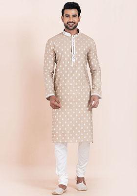 Brown Solid Cotton Kurta Set For Men