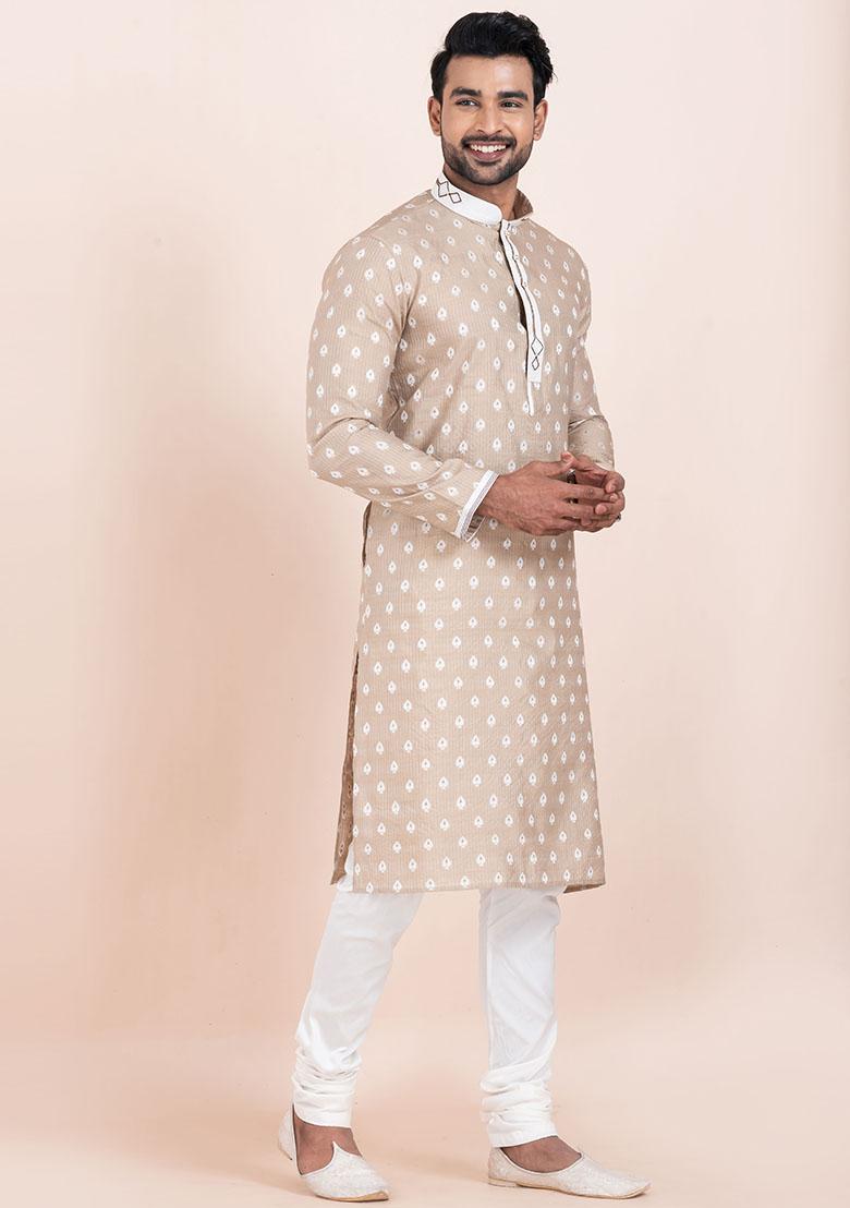 Brown Solid Cotton Kurta Set For Men