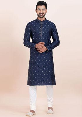 Navy Blue Solid Cotton Kurta Set For Men