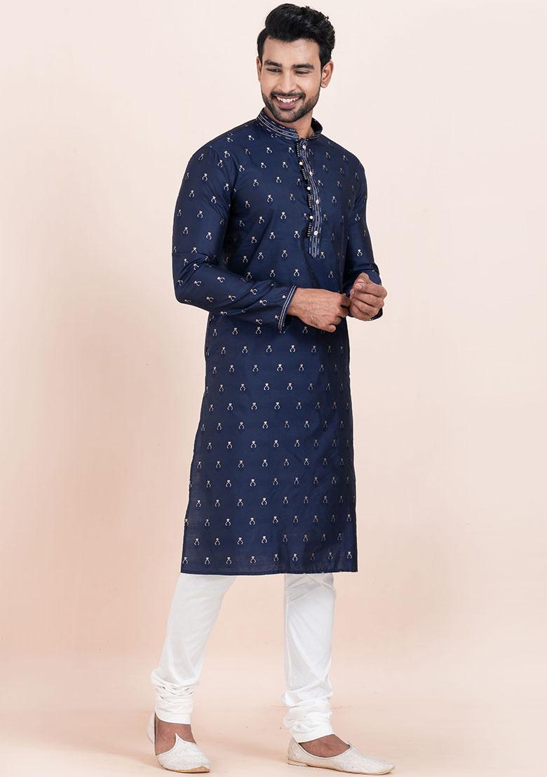 Navy Blue Solid Cotton Kurta Set For Men