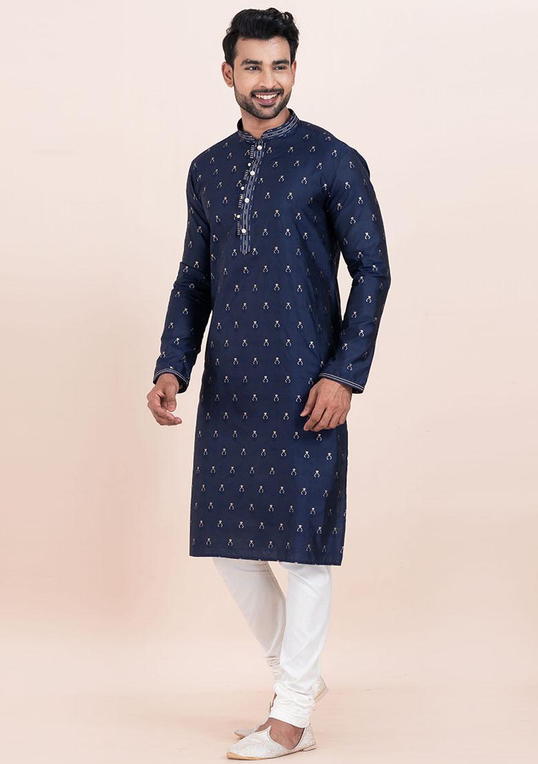 Navy Blue Solid Cotton Kurta Set For Men