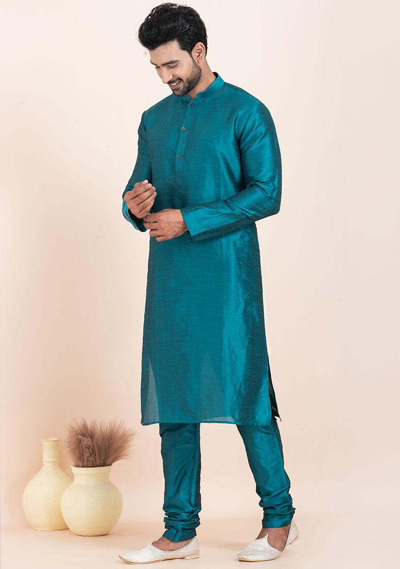 Teal Blue Solid Silk Kurta Set For Men