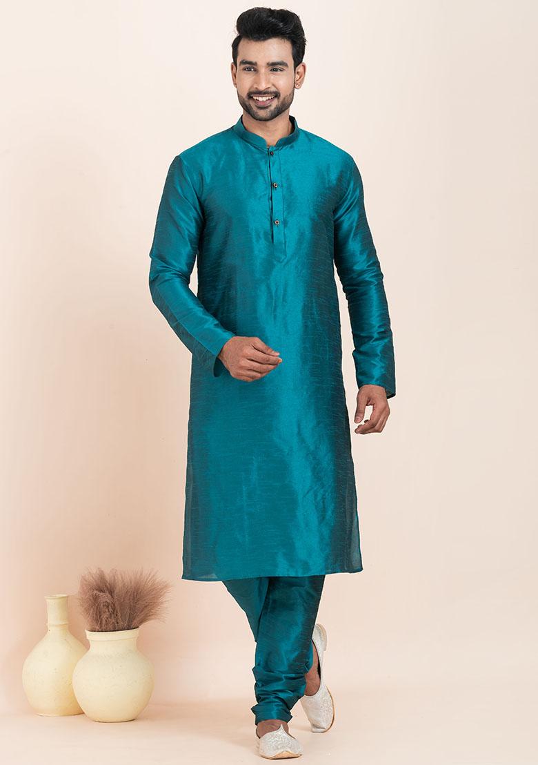 Teal Blue Solid Silk Kurta Set For Men