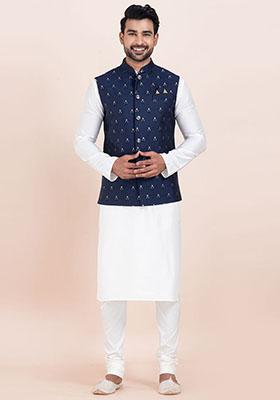 White Solid Silk Kurta Set For Men