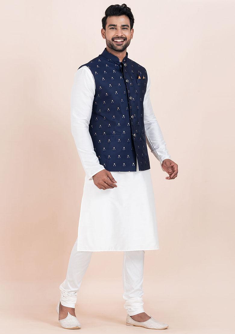 White Solid Silk Kurta Set For Men