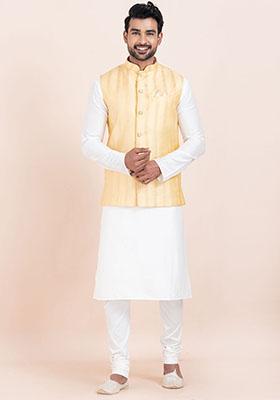 Gold Solid Silk Kurta Set For Men