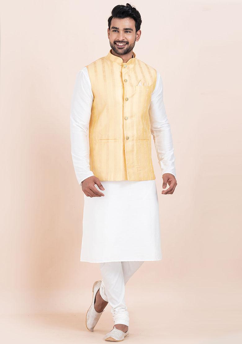 Gold Solid Silk Kurta Set For Men