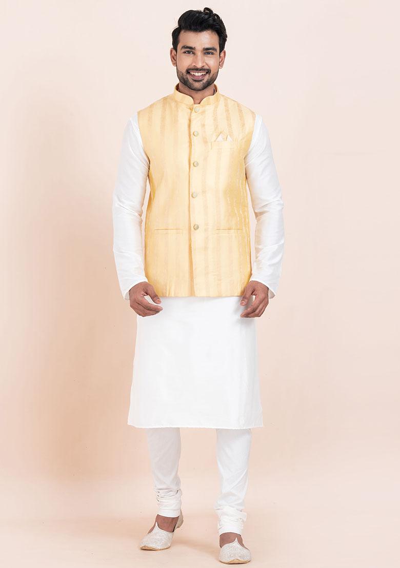 Gold Solid Silk Kurta Set For Men