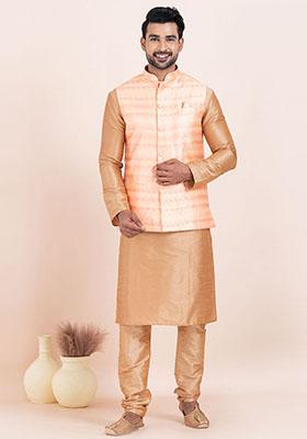 Brown Solid Silk Kurta Set For Men