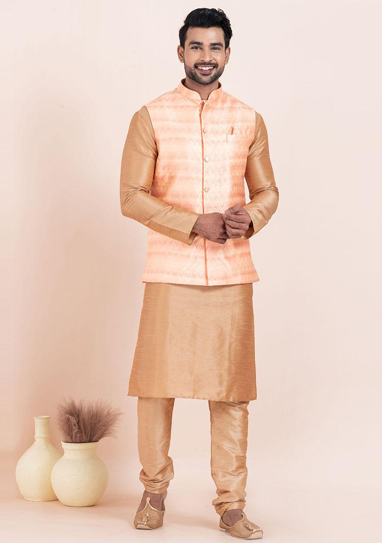 Brown Solid Silk Kurta Set For Men