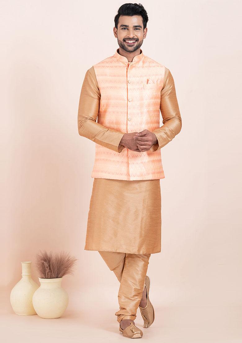 Brown Solid Silk Kurta Set For Men