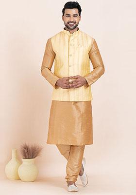Brown Solid Silk Kurta Set For Men