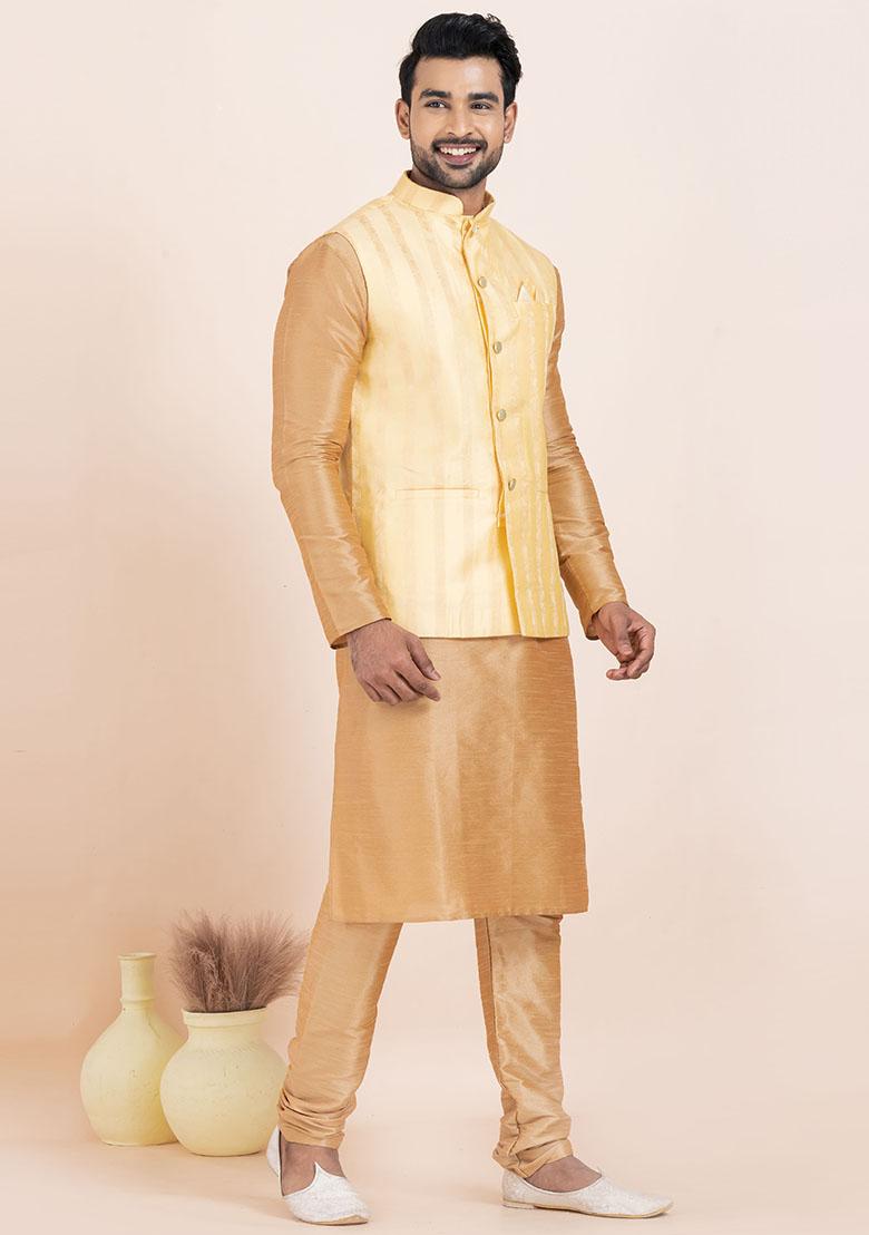 Brown Solid Silk Kurta Set For Men
