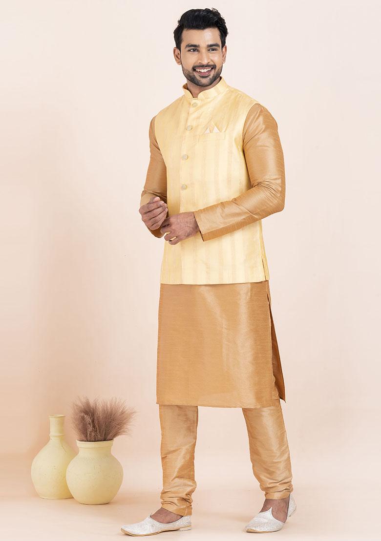 Brown Solid Silk Kurta Set For Men