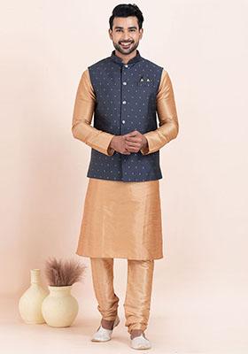 Brown Solid Silk Kurta Set For Men