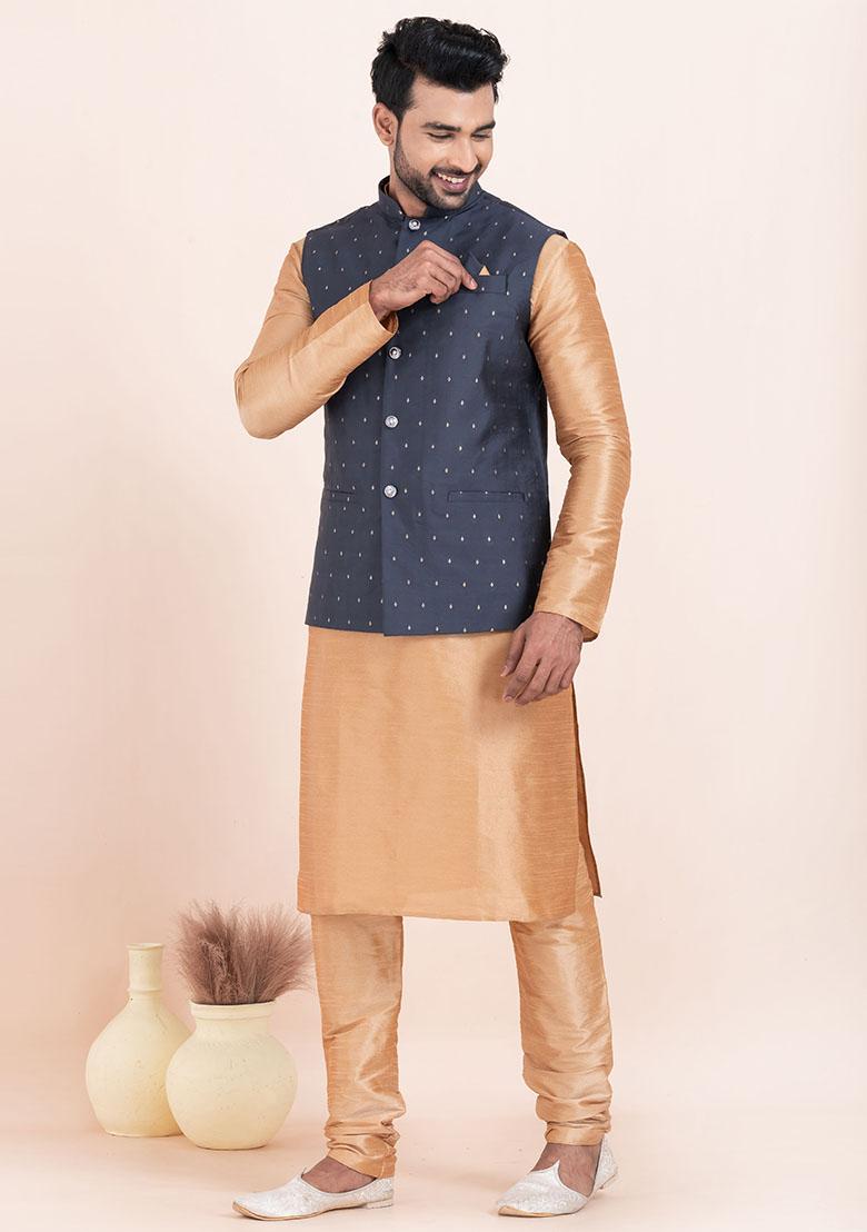Brown Solid Silk Kurta Set For Men