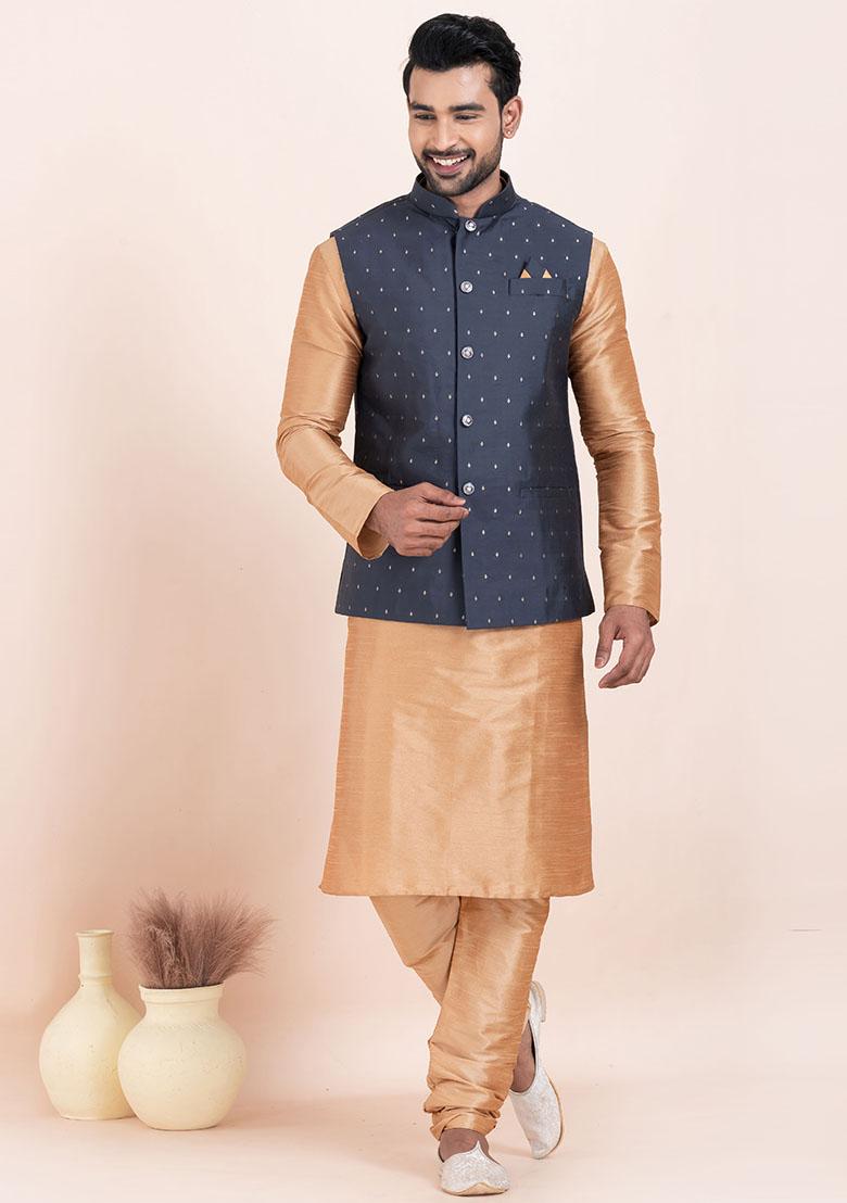 Brown Solid Silk Kurta Set For Men