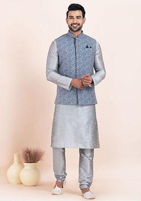 Grey Solid Silk Kurta Set For Men