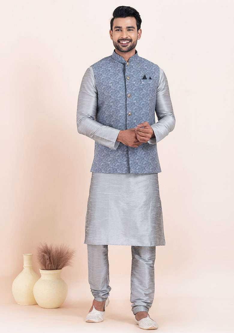 Grey Solid Silk Blend Kurta Set For Men - Indya