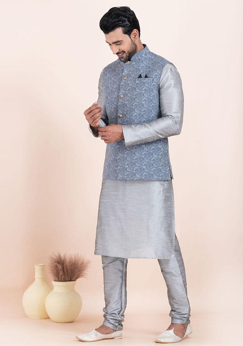Grey Solid Silk Kurta Set For Men
