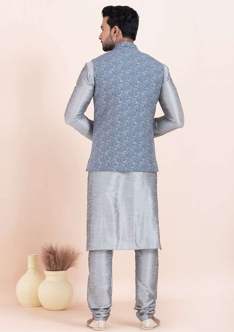 Grey Solid Silk Blend Kurta Set For Men - Indya