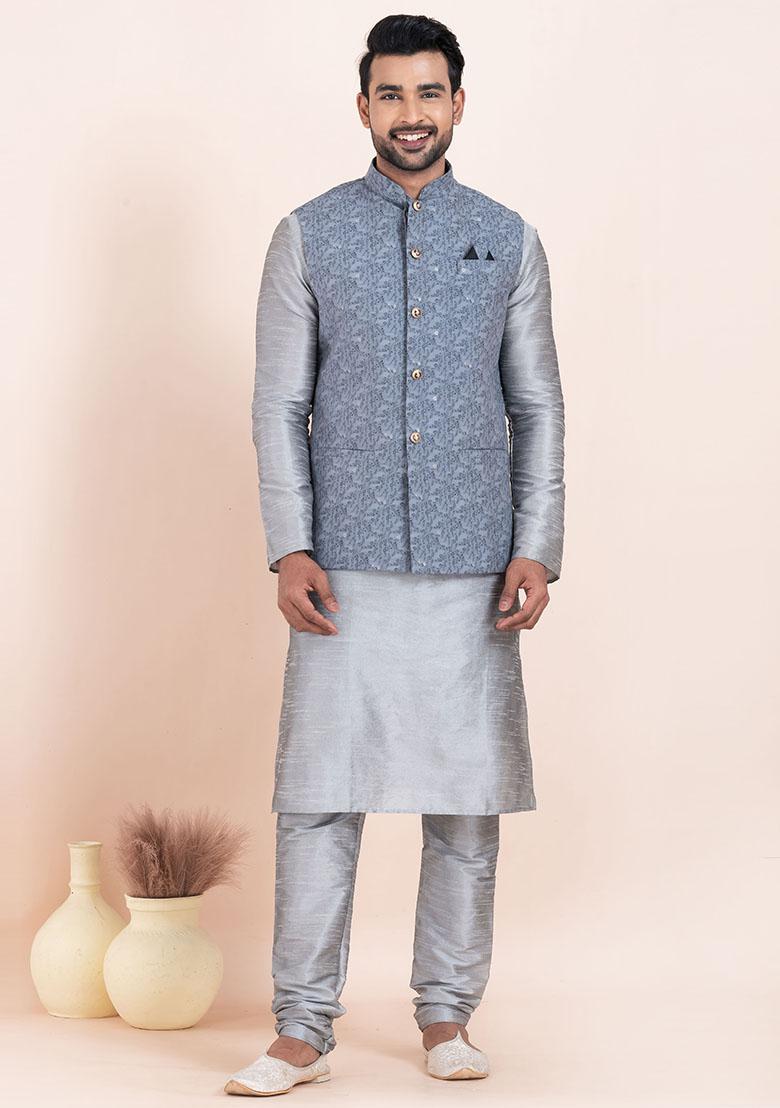 Grey Solid Silk Kurta Set For Men