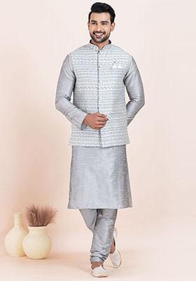 Grey Solid Silk Kurta Set For Men