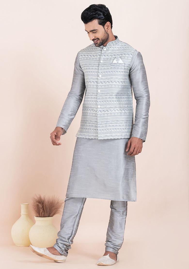 Grey Solid Silk Kurta Set For Men