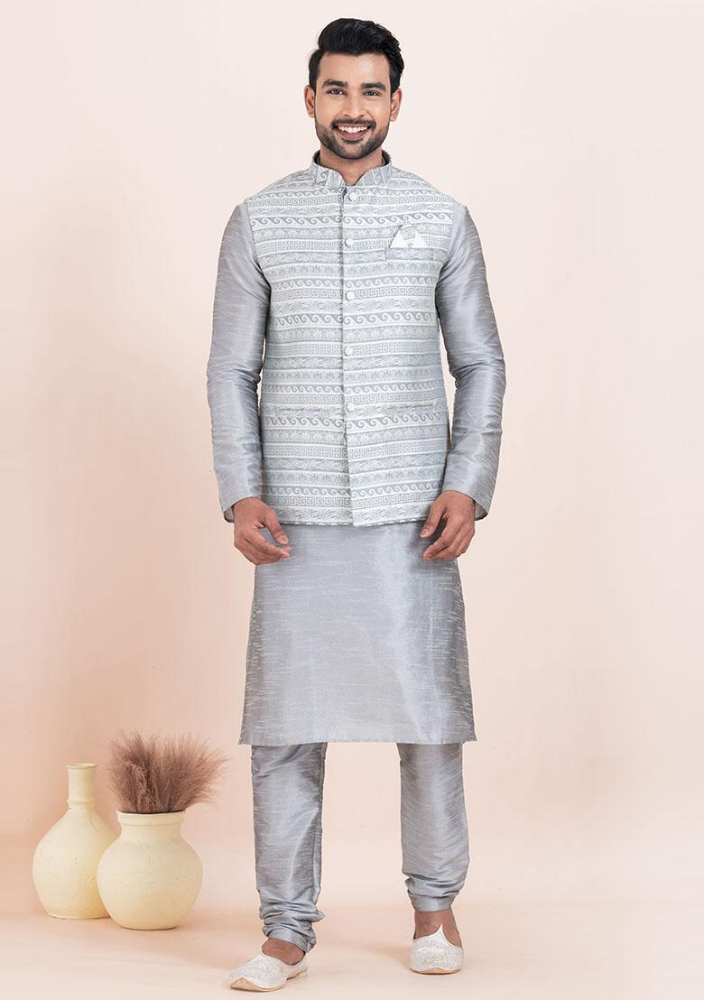 Grey Solid Silk Kurta Set For Men