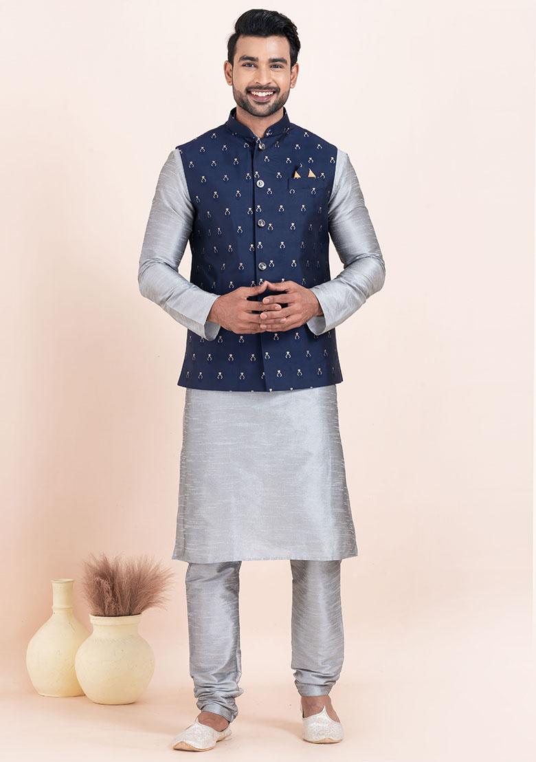Grey Solid Silk Kurta Set For Men