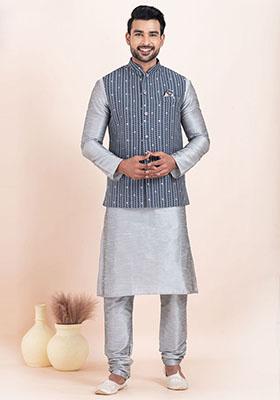 Grey Solid Silk Kurta Set For Men