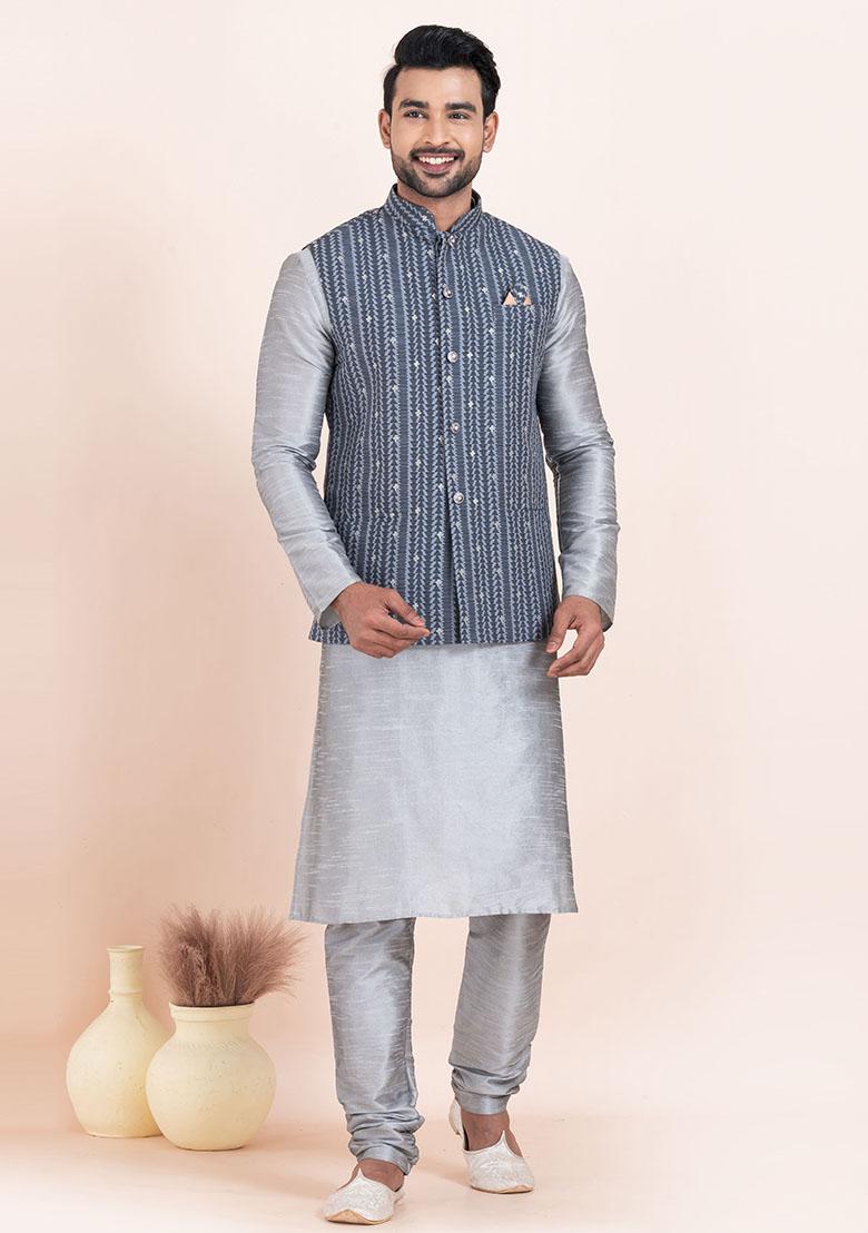 Grey Solid Silk Kurta Set For Men