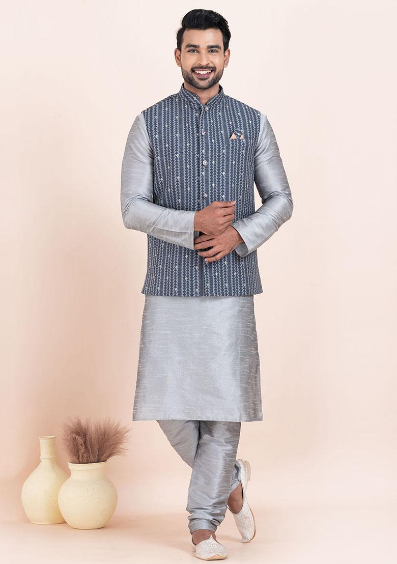 Grey Solid Silk Kurta Set For Men