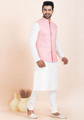 White Solid Silk Kurta Set For Men