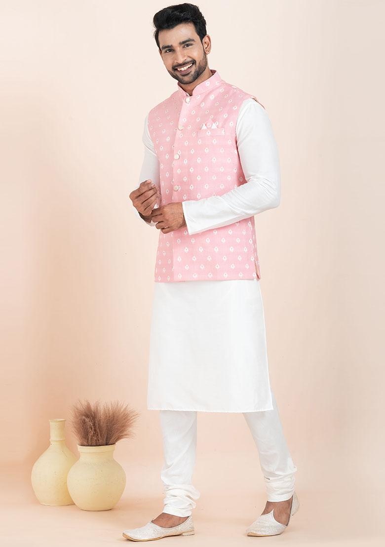White Solid Silk Kurta Set For Men